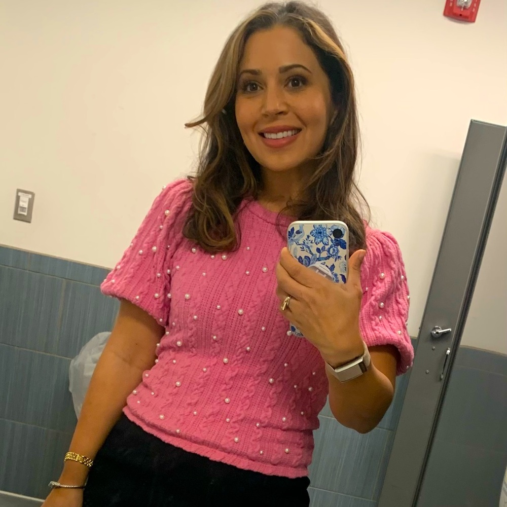 Zara Shirt Faux Pearl Ballon Short Sleeve
